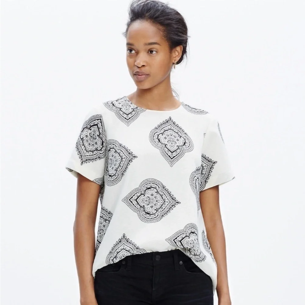 Madewell Tailored Tee Blouse in Estate Paisley Black Ivory Womens Size XS - Picture 3 of 9